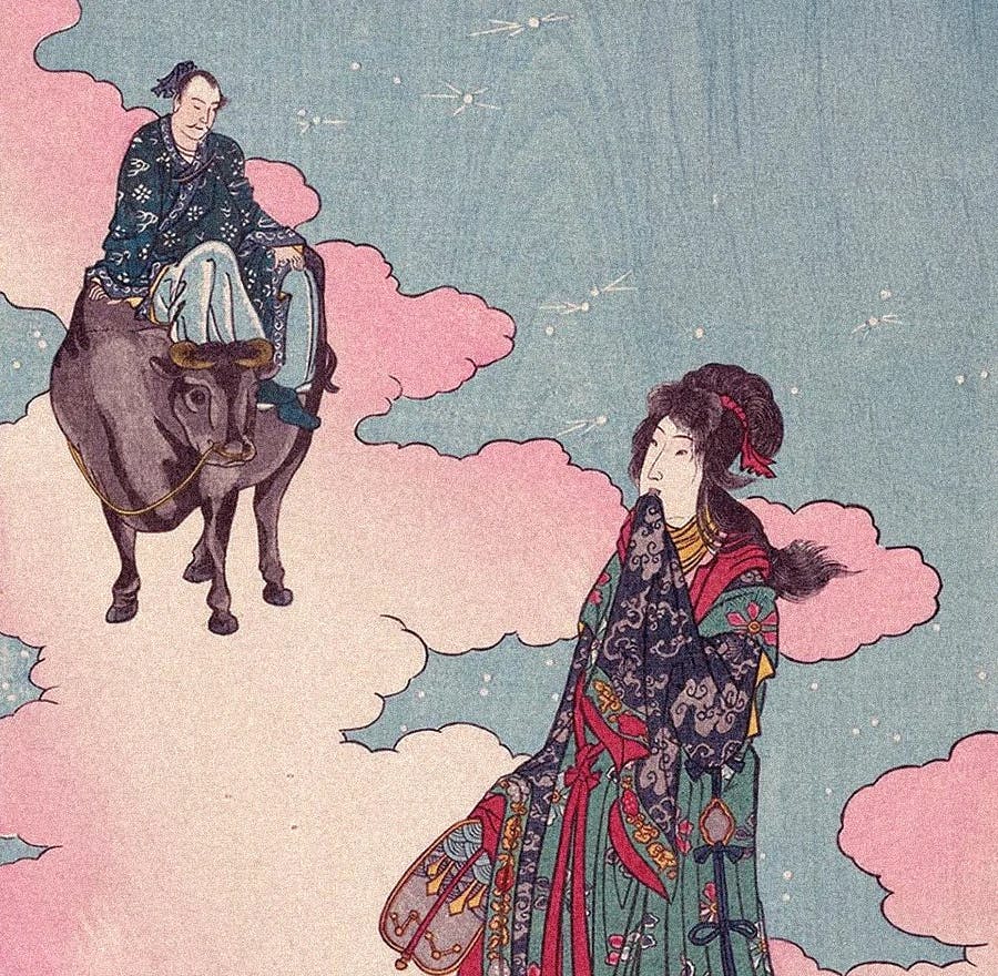 Ukiyo-e depicting Orihime and Hikoboshi crossing the Milky Way to meet.