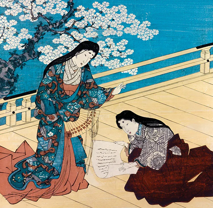 Two court ladies on a veranda with blossoming cherry trees by Utagawa Kuniyoshi, 1842.
