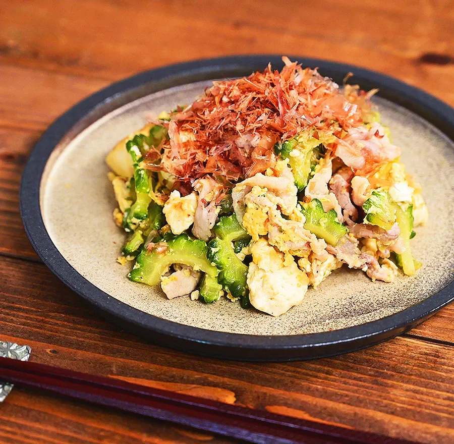 Photo of goya champuru, an Okinawan delicacy.