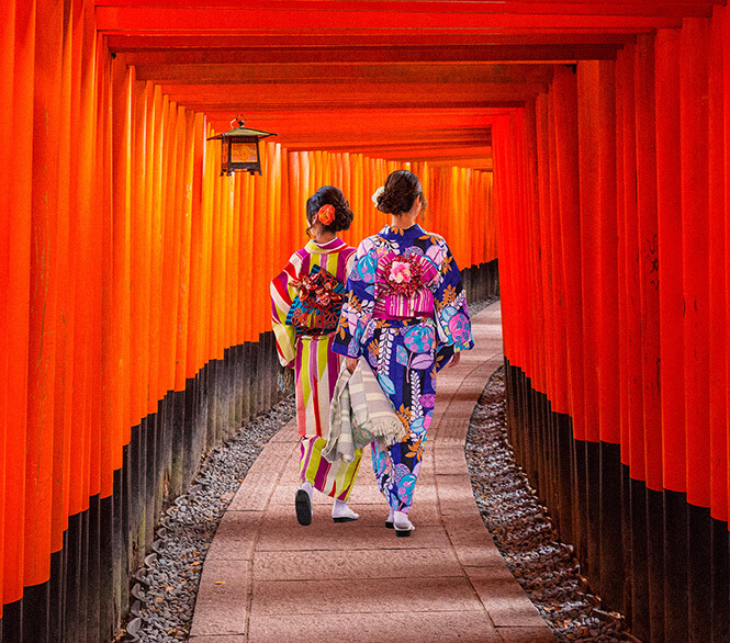 Two women in kimonos walk through a row of torii gates.