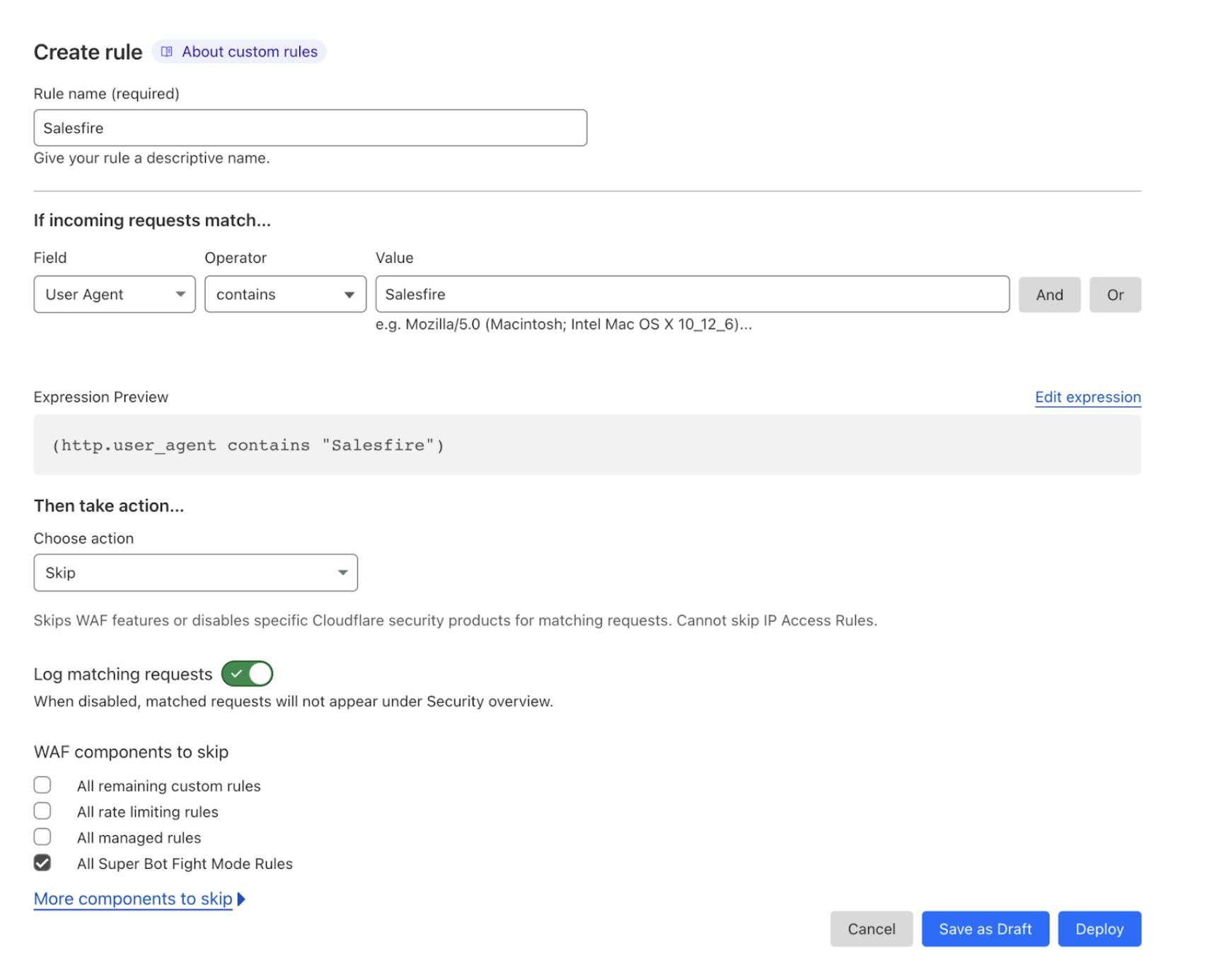 Creating a custom rule to skip incoming requests containing Salesfire. 