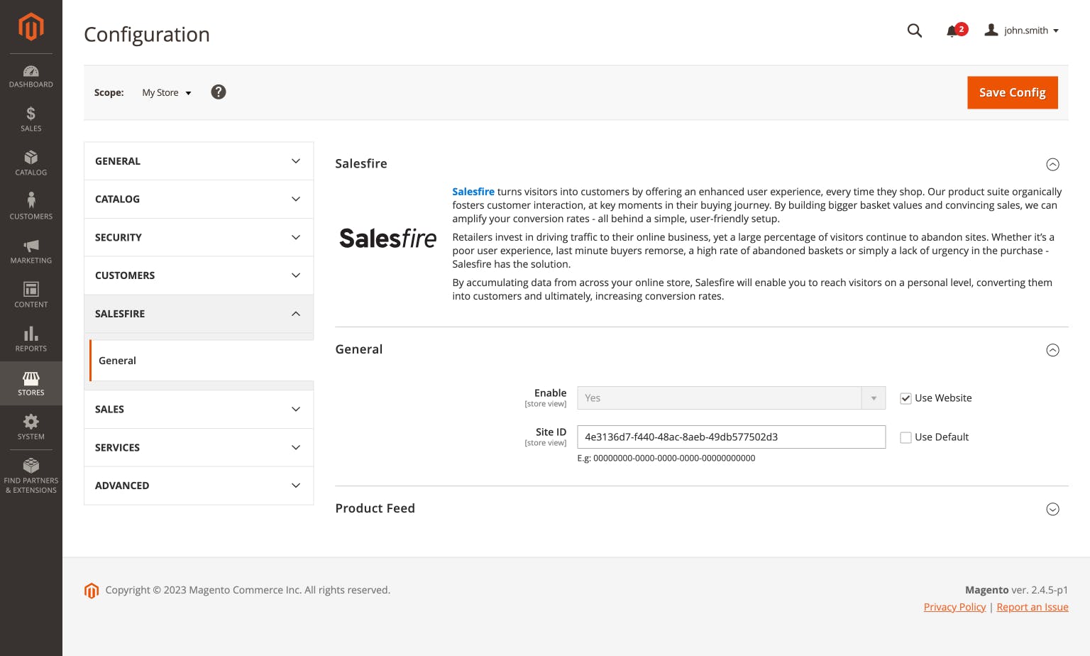 Screenshot of the Magento 2 General Settings to enable Salesfire onto the Magento 2 platform. 