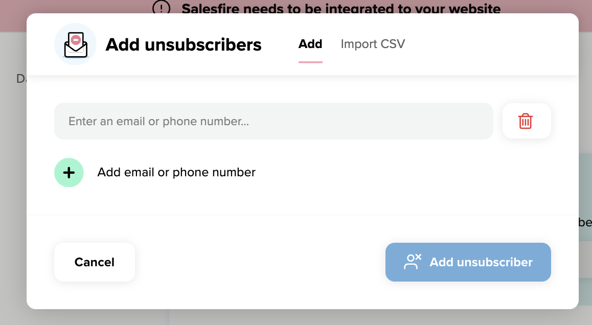 The add unsubscribers modal within the privacy section of the Salesfire Dashboard. 