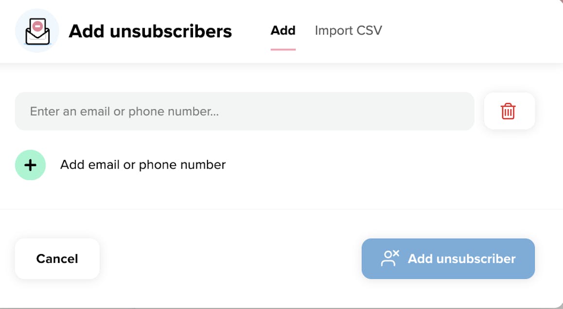 The add unsubscribers modal within the privacy section of the Salesfire Dashboard. 