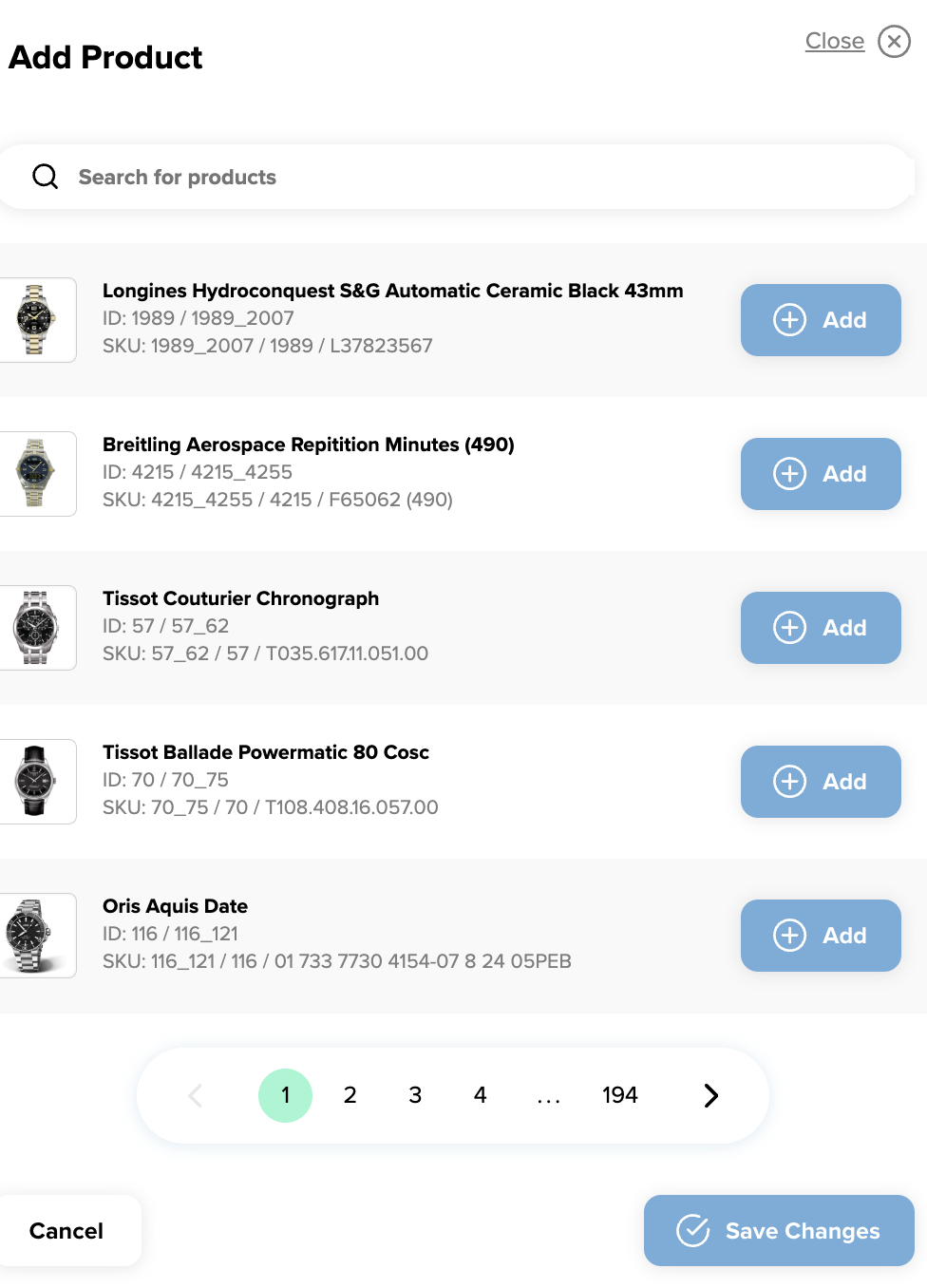 The manual product selection modal for manually selecting products with a add/remove button or searching for products to add and remove. 