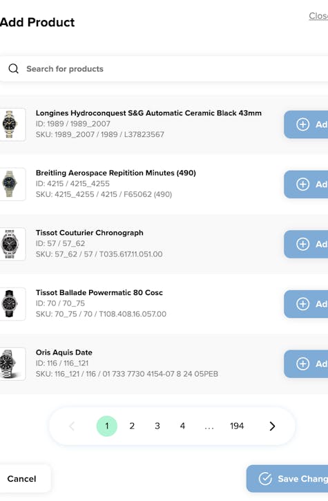 The manual product selection modal for manually selecting products with a add/remove button or searching for products to add and remove.