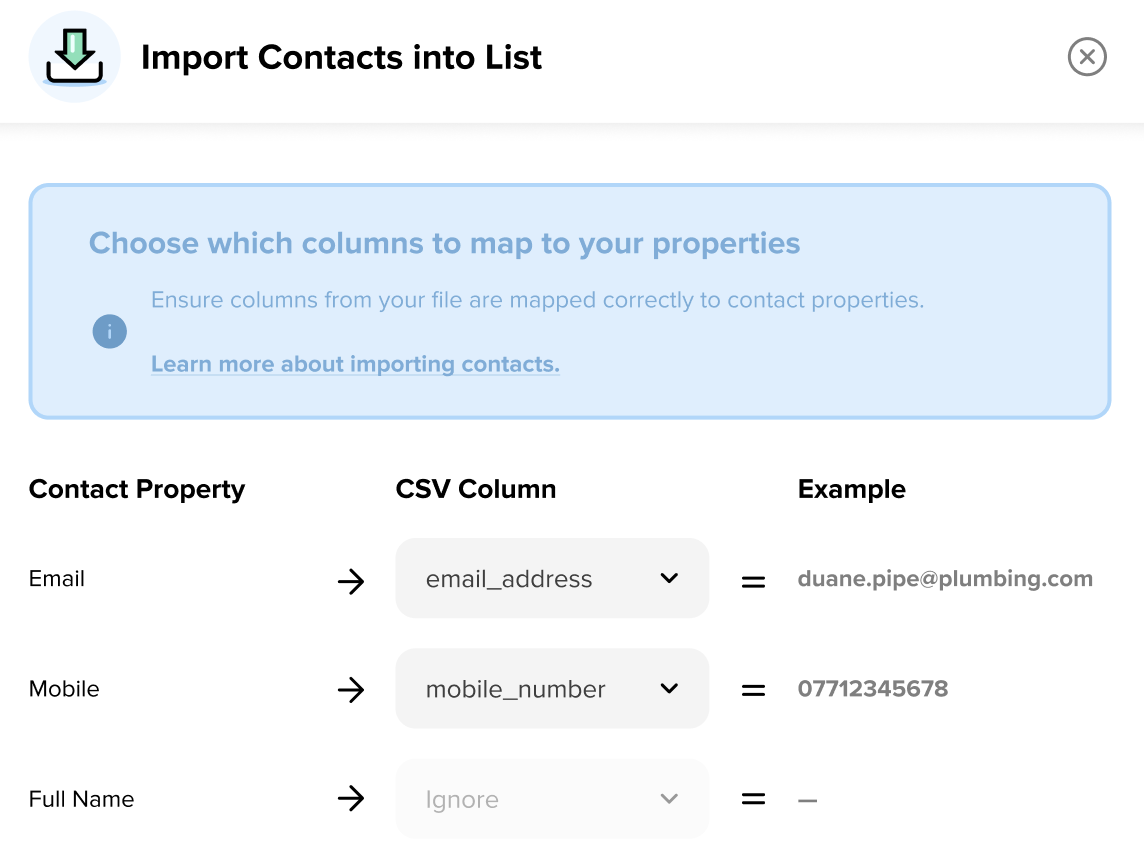 Import contacts to lists and mapping properties