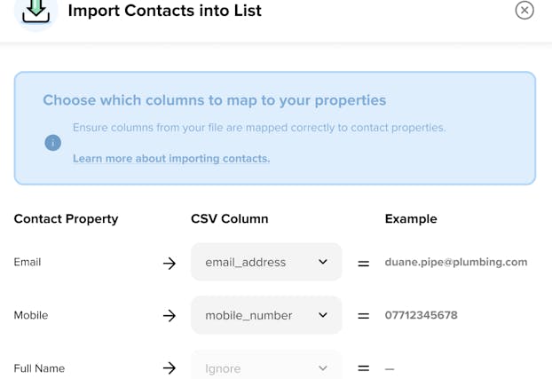Import contacts to lists and mapping properties