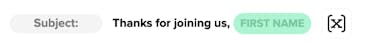 The display of first name variable within the subject line of an email that has been used as an example for how to set up profile variables within email and sms.