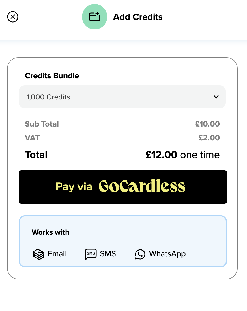 Adding and purchasing credits modal within the credits section of the Salesfire dashboard. 