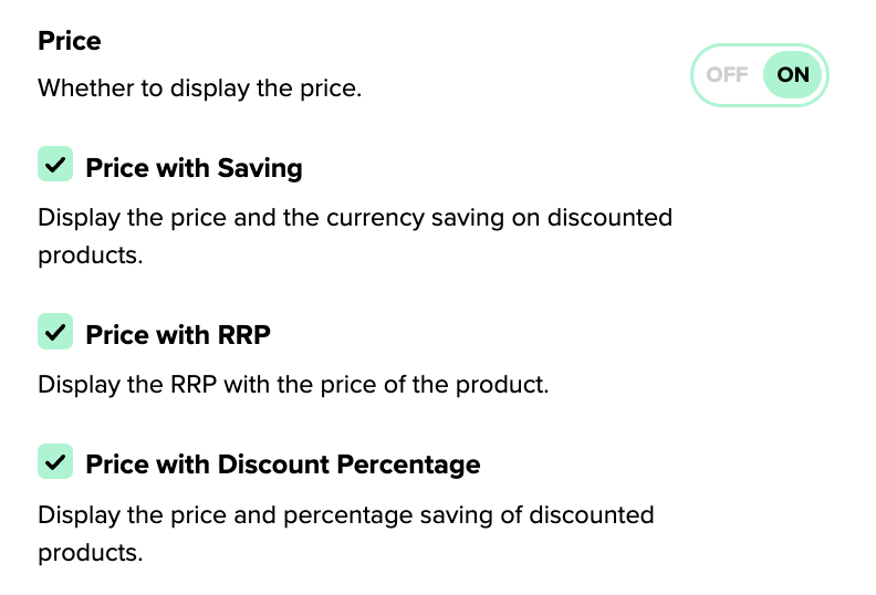 How to enable and disable price saving within the search results in the edit design modal of the dashboard. 
