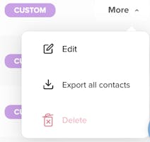 The more button to export all contacts from the segments section of the Salesfire Dashboard.