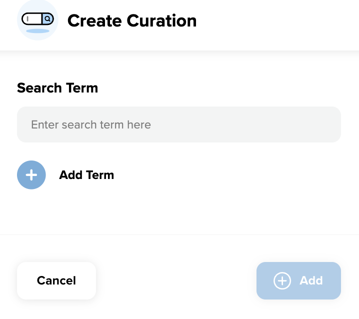 The create curation modal that allows for a search curation to be set up to set specific algorithm results 