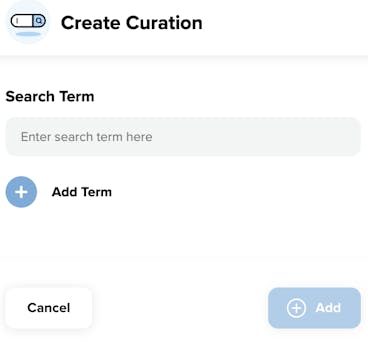 The create curation modal that allows for a search curation to be set up to set specific algorithm results