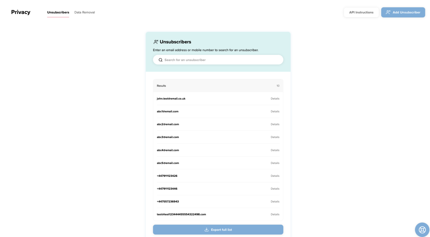 Steps to export full list of unsubscribes data
