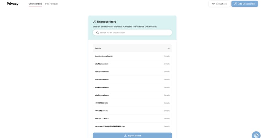 Steps to export full list of unsubscribes data