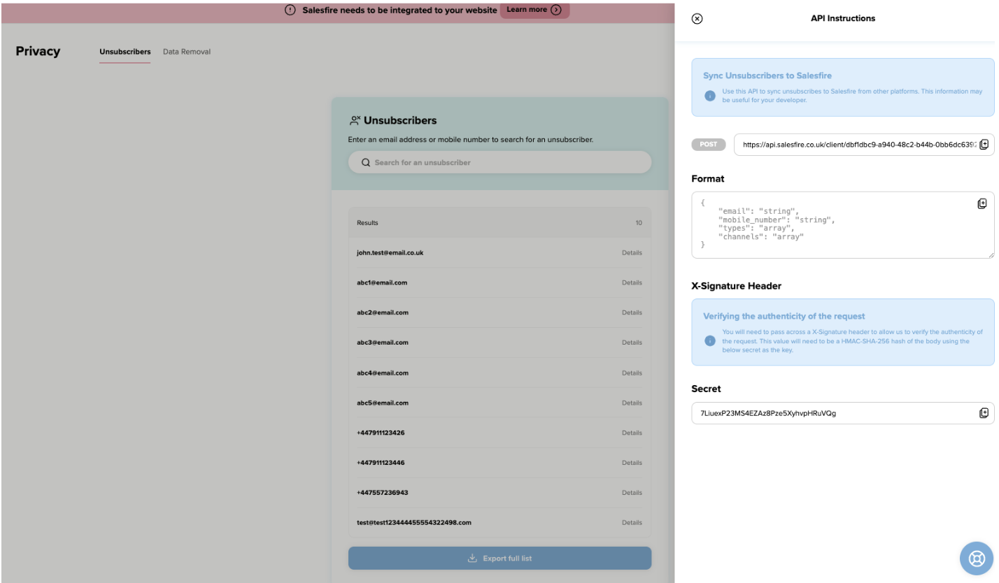 API Instructions modal to sync unsubscribers from other platforms to Salesfire.