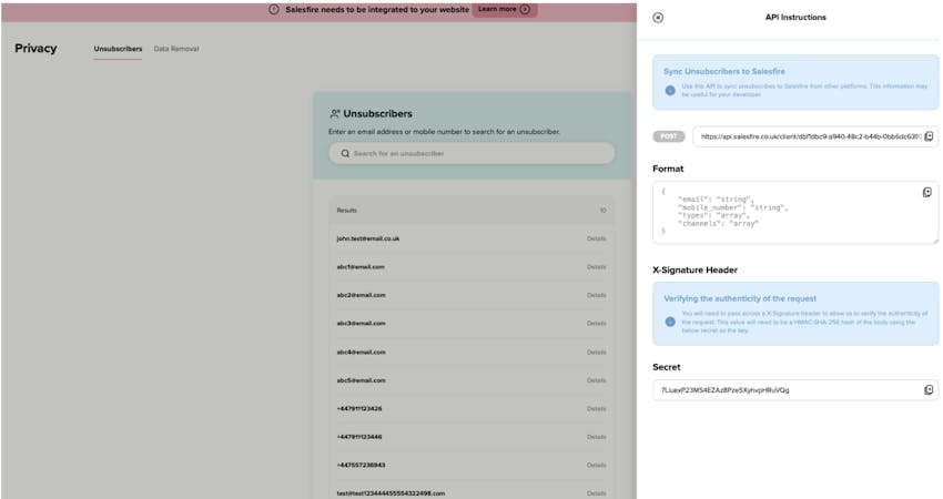 API Instructions modal to sync unsubscribers from other platforms to Salesfire.