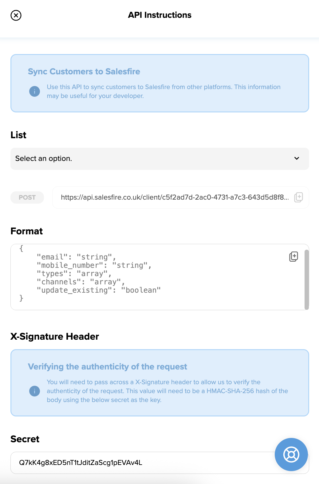 How to sync customers through the Salesfire dashboard using the api instructions 