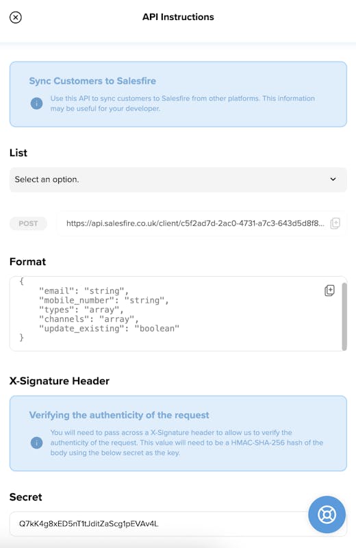 How to sync customers through the Salesfire dashboard using the api instructions