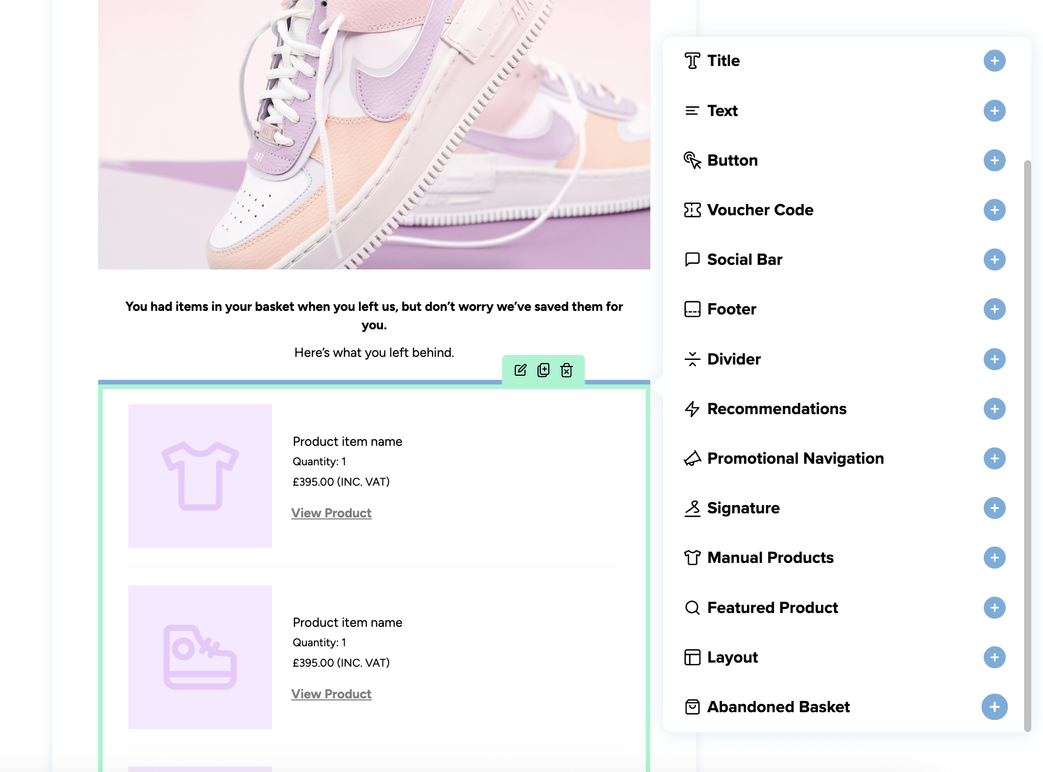 abandoned basket element for email int he email builder with plus button