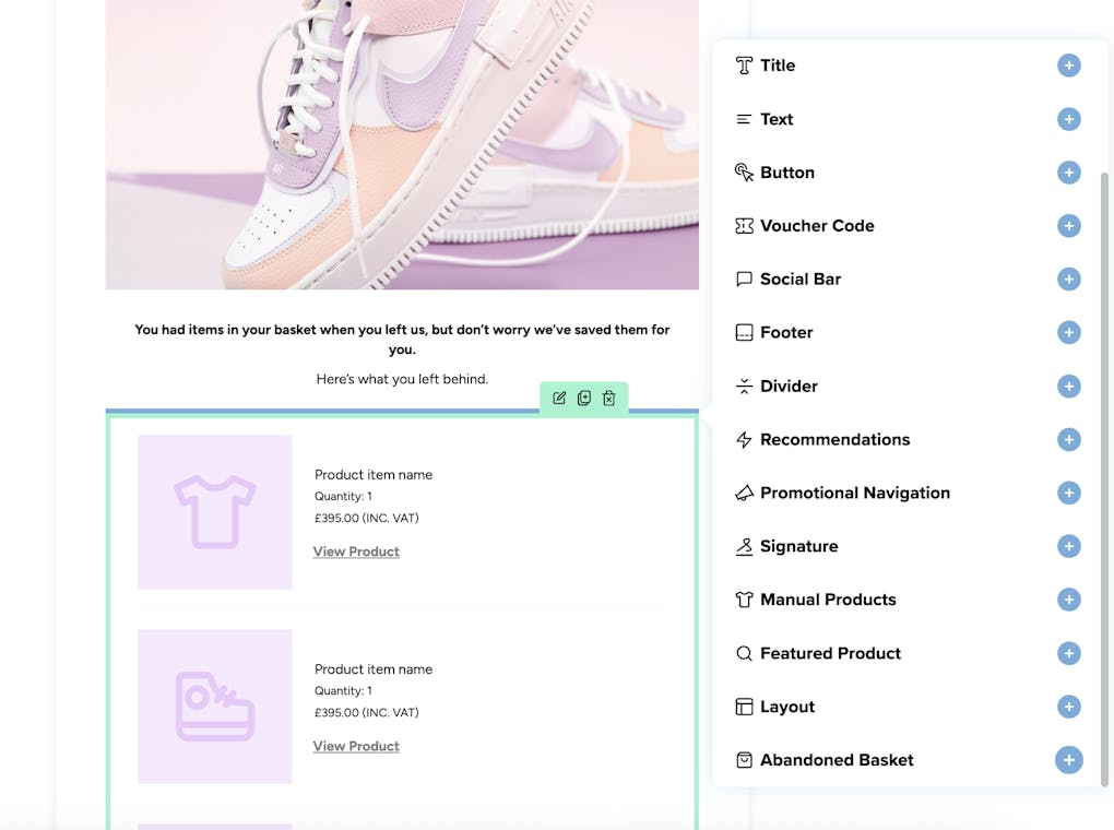 abandoned basket element for email int he email builder with plus button