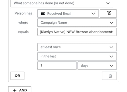The conditions page of the Klaviyo email flow page within the Klaviyo dashboard.
