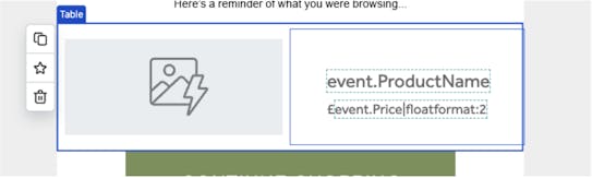 event product name sample within the Klaviyo email template builder 