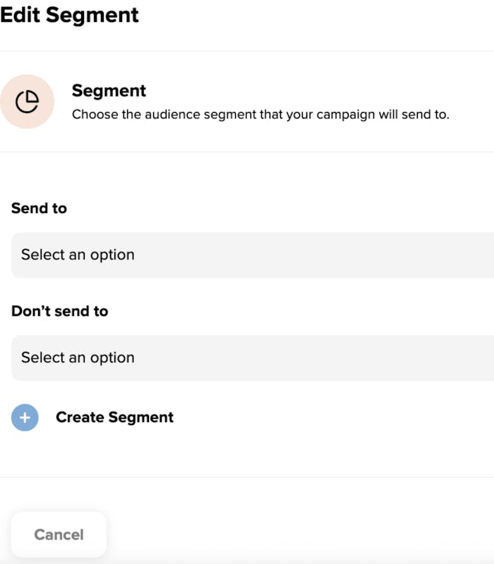 editing a segment to select a segment or list to trigger a email or sms campaign flow.