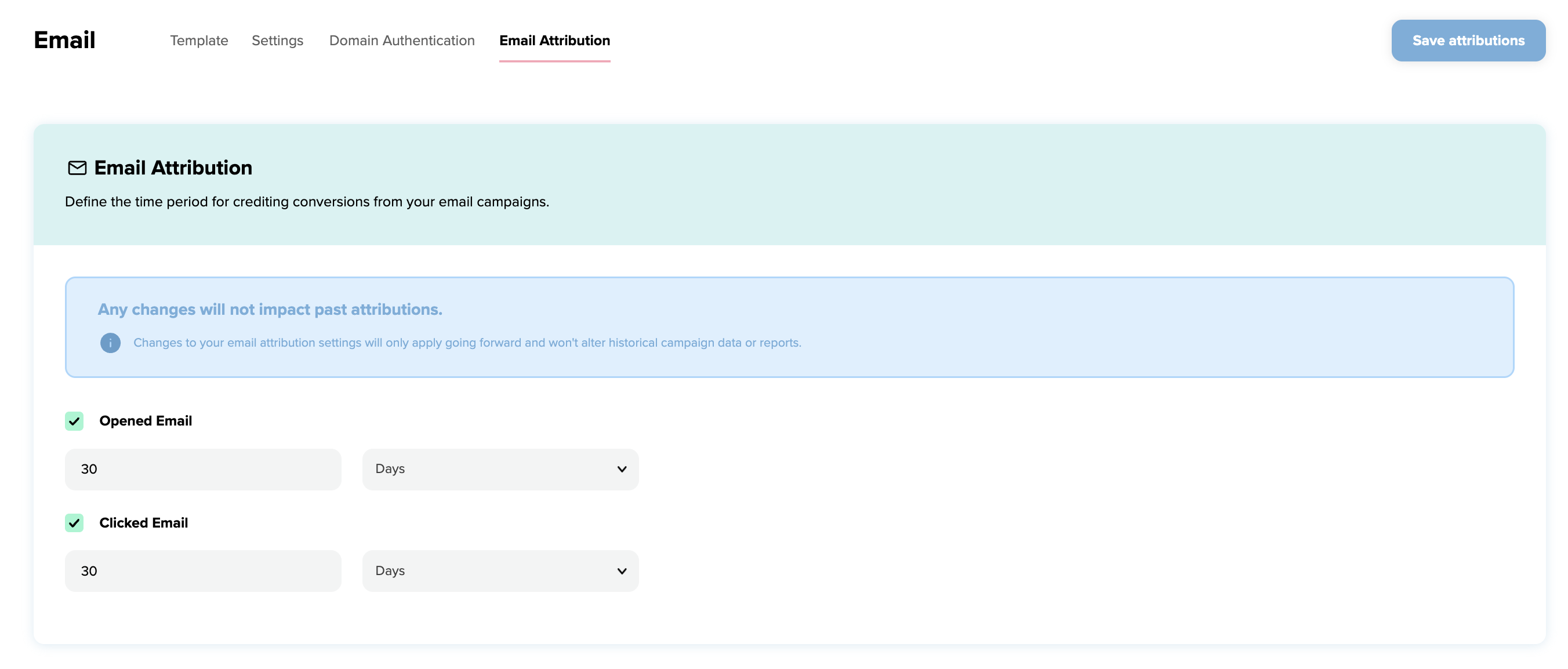 Email attribution screen in the Salesfire dashboard 