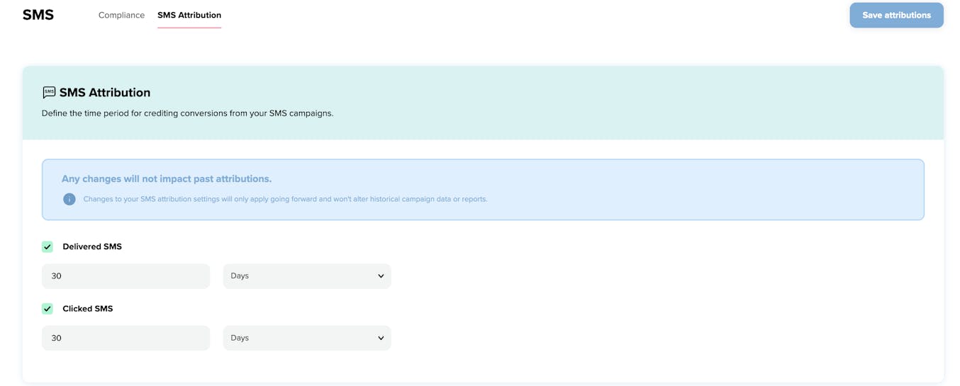 SMS attribution screen within the Salesfire dashboard.