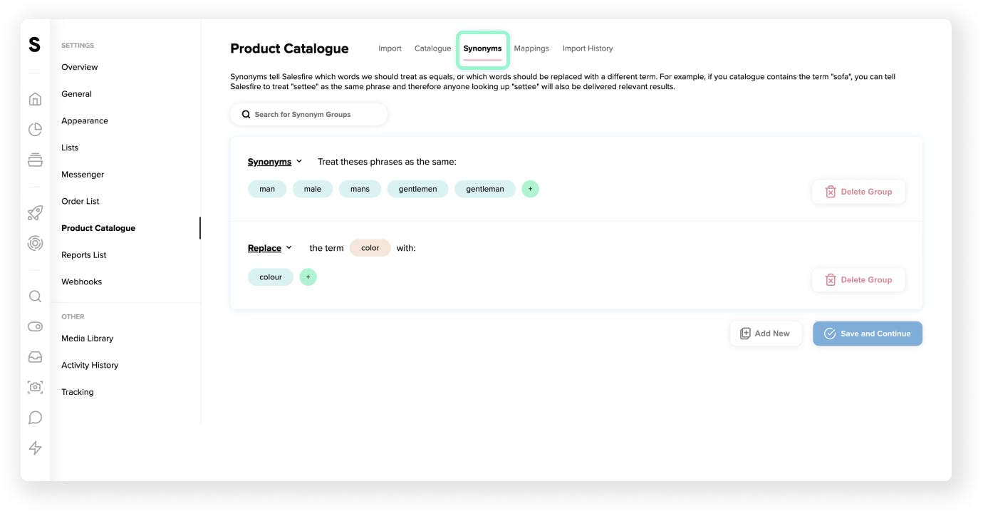 Adding and updating synoynms in the product catalogue 