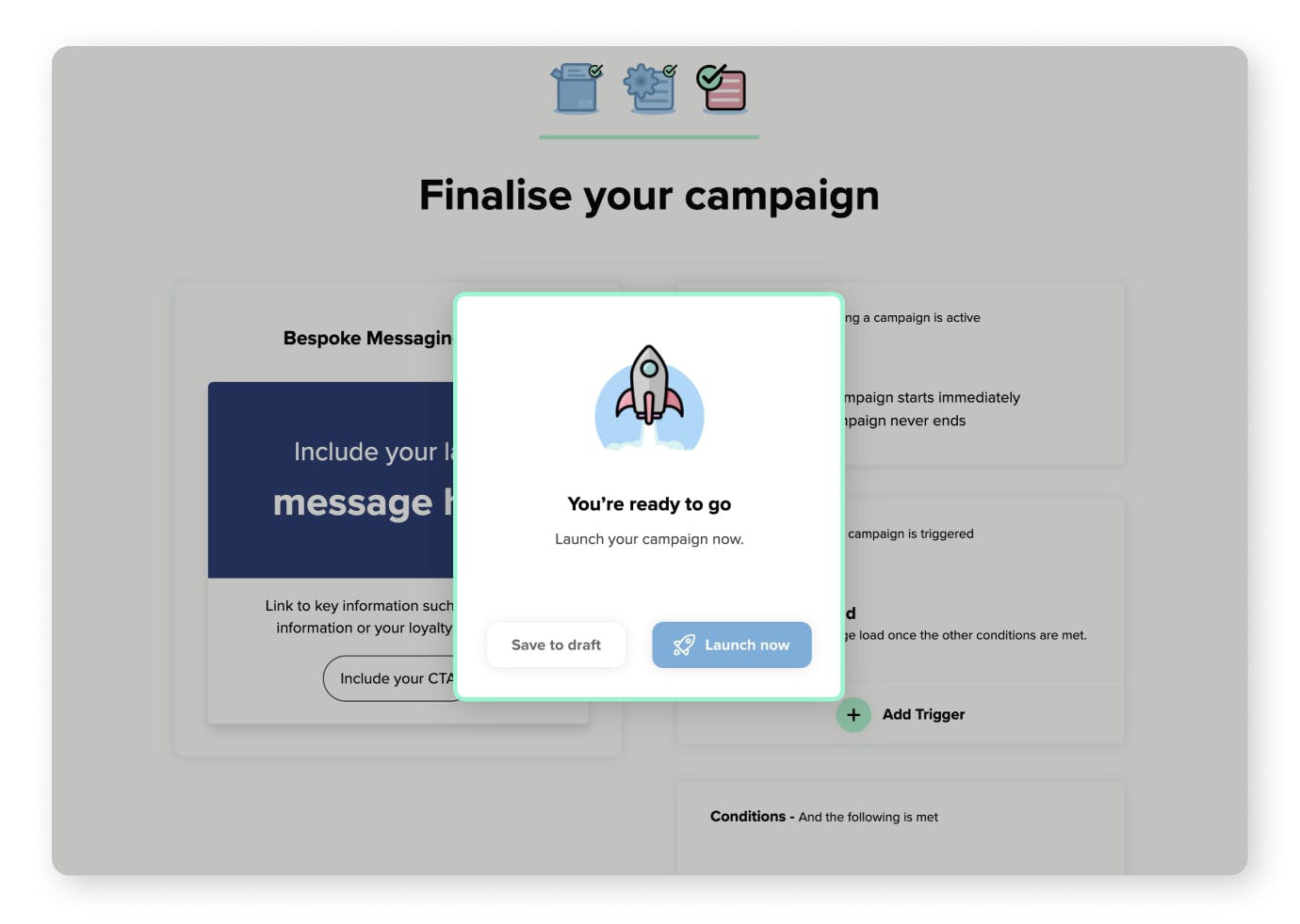 The Finalise your campaign section of the Email Sequences campaign set up in the Salesfire Dashboard containing confirmation that your campaign is ready to go live. 