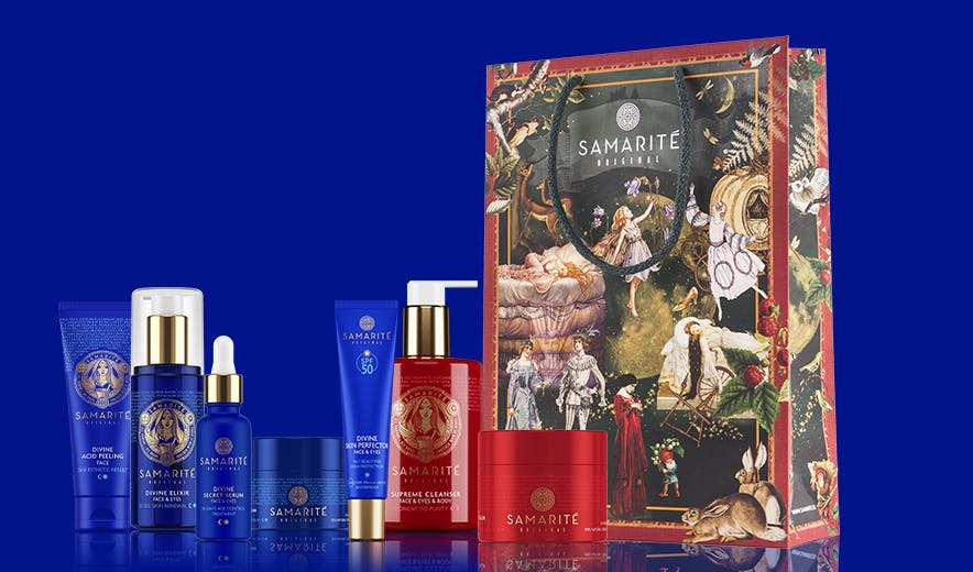Zestaw 7 kosmetyków Samarité i torba Fairytale na niebieskim tle