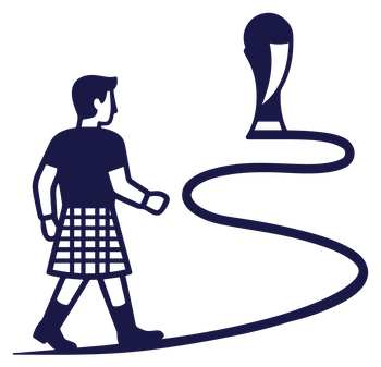 Illustration of a person in a kilt walking along a winding path toward a trophy.