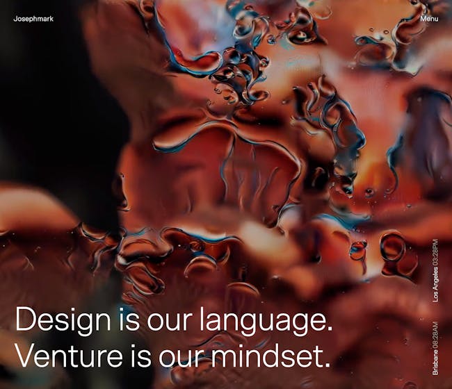 the homepage of josephmark.studio. The tagline is "Design is our language. Venture is our mindset"