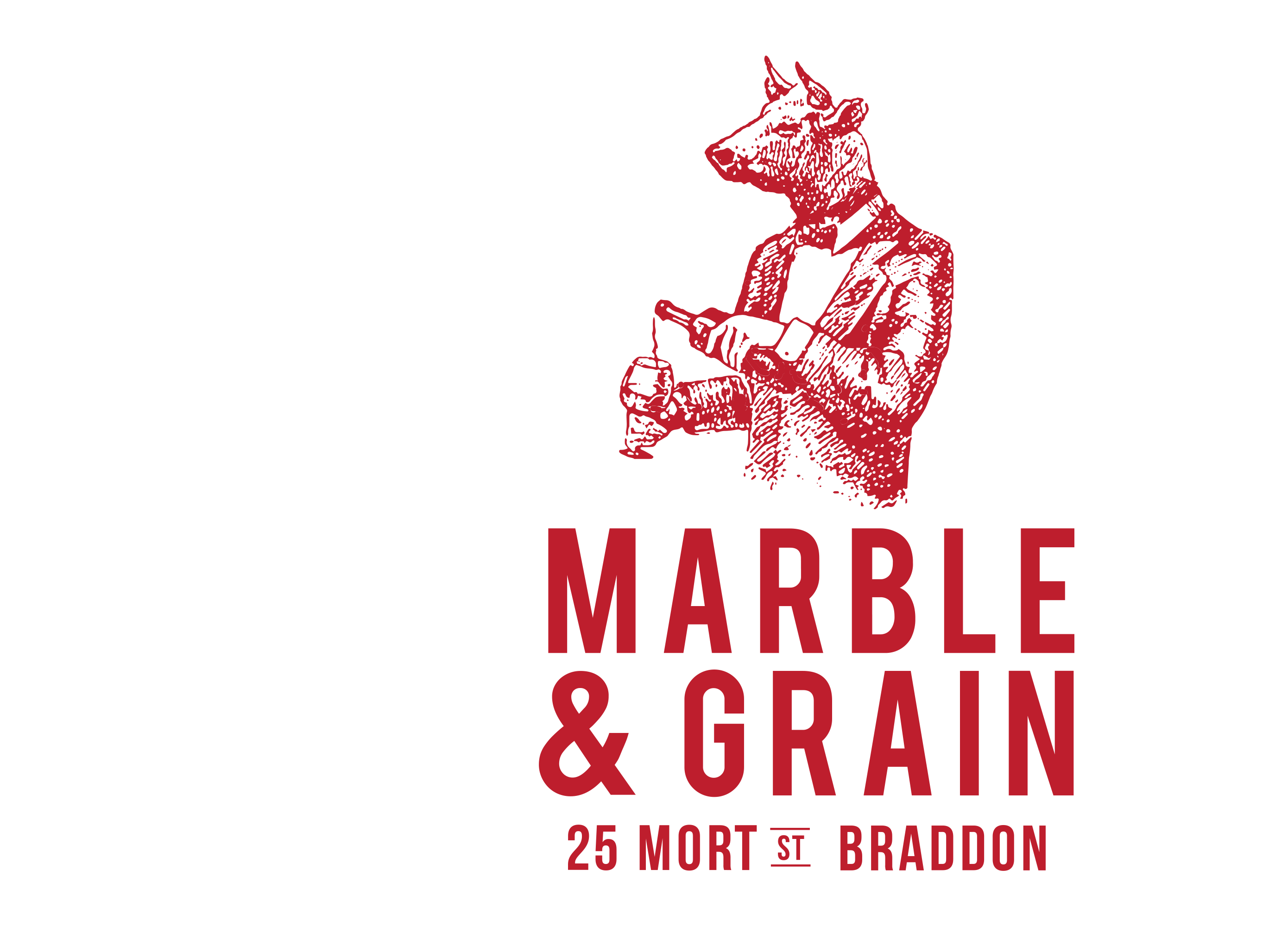 A man with a bull's head pouring wine into a glass. The Marble & Grain logo.