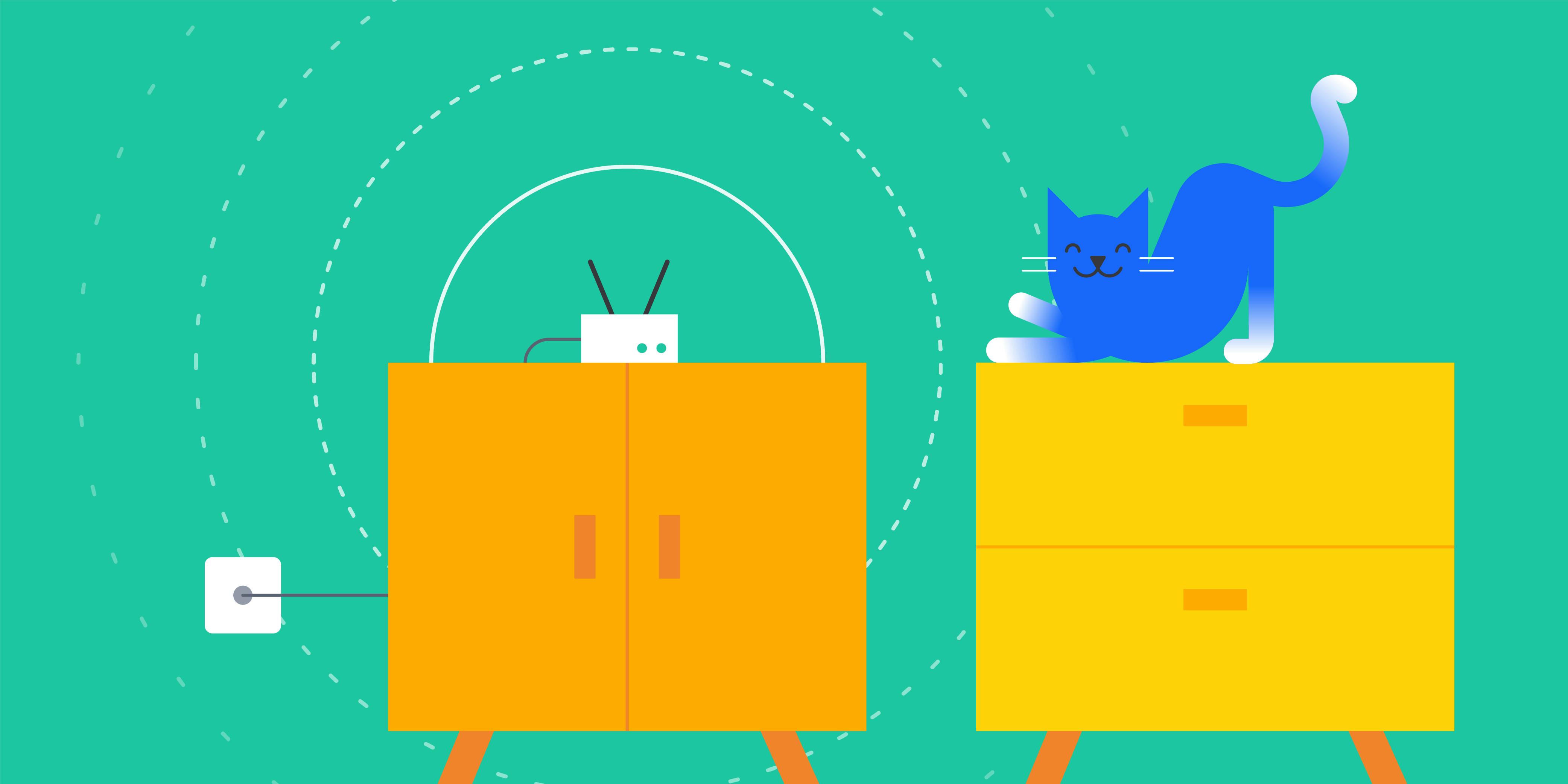 Router box on a side table next to a blue cat on a dresser