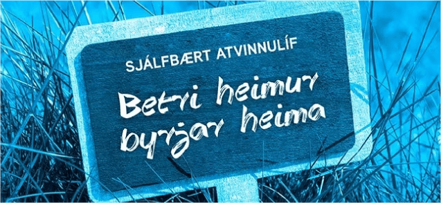 Skilti í grasi með grafík þar sem stendur ‘Betri heimur byrjar heima