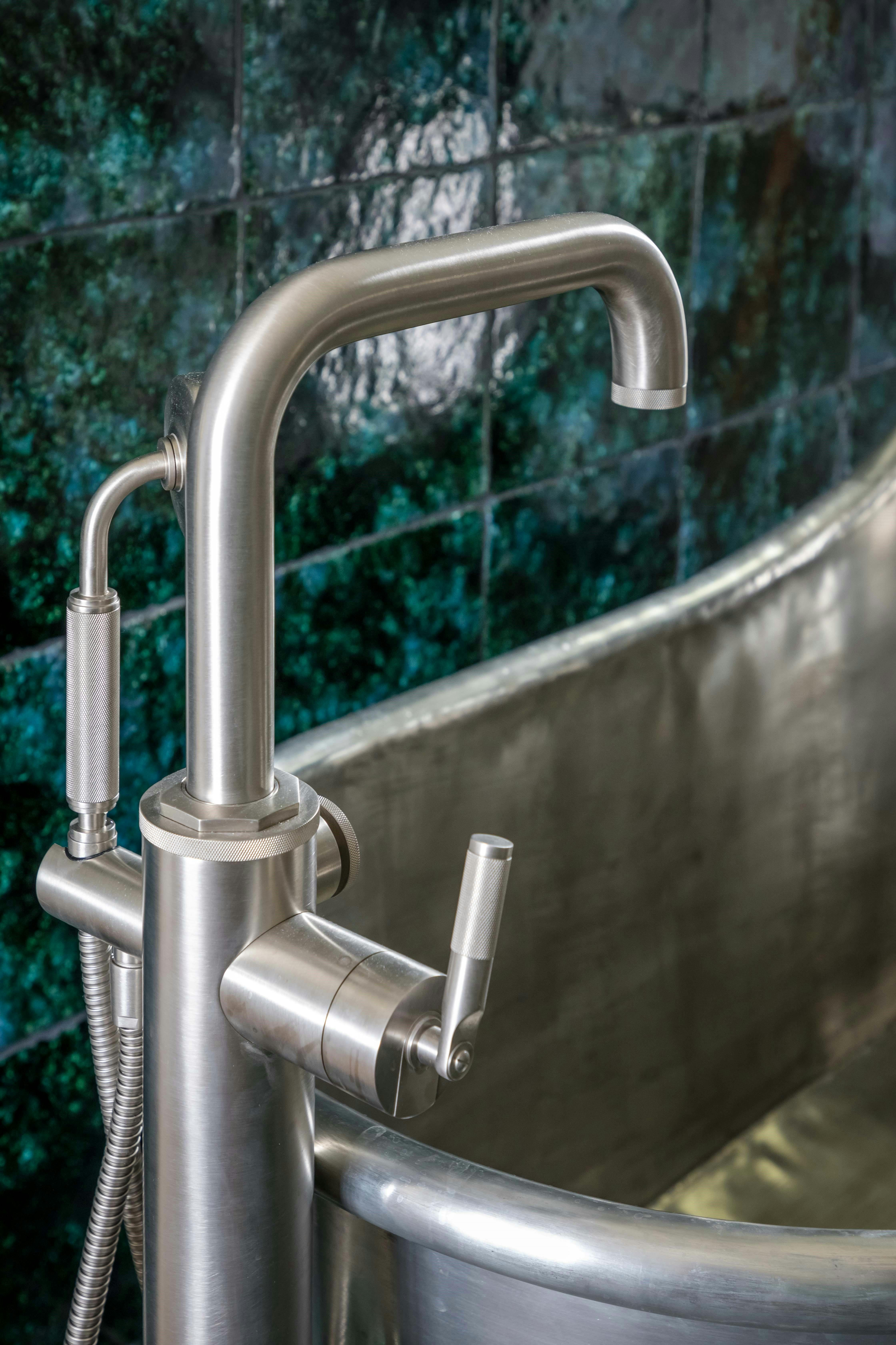 Samuel Heath Landmark Industrial brassware. Freestanding bath shower filler in a brushed nickel finish.