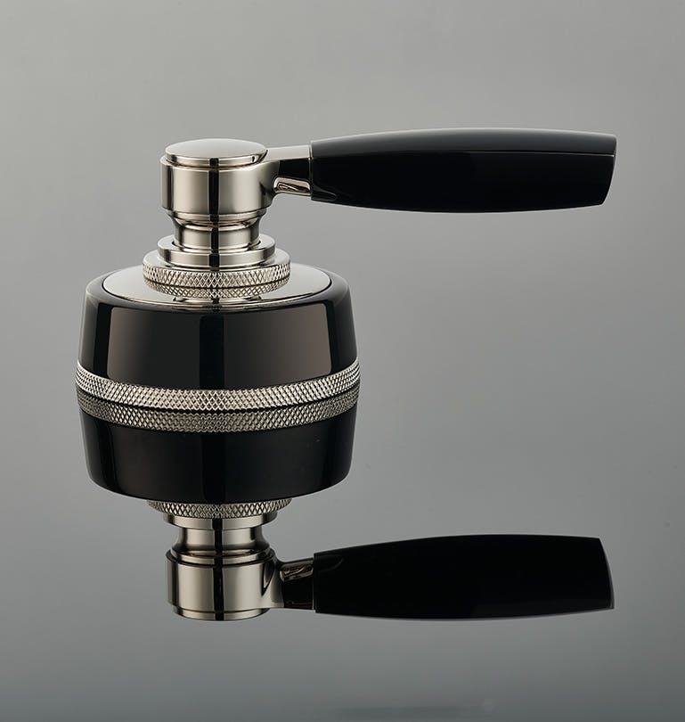 Samuel Heath contemporary One Hundred collection luxe tap lever in polished nickel and black. Made in England.