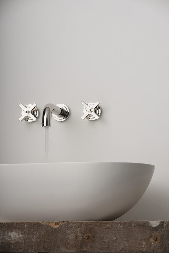 Samuel Heath LMK Pure Bauhaus inspired industrial tap with cross top levers in a polished nickel finish for a nordic look.