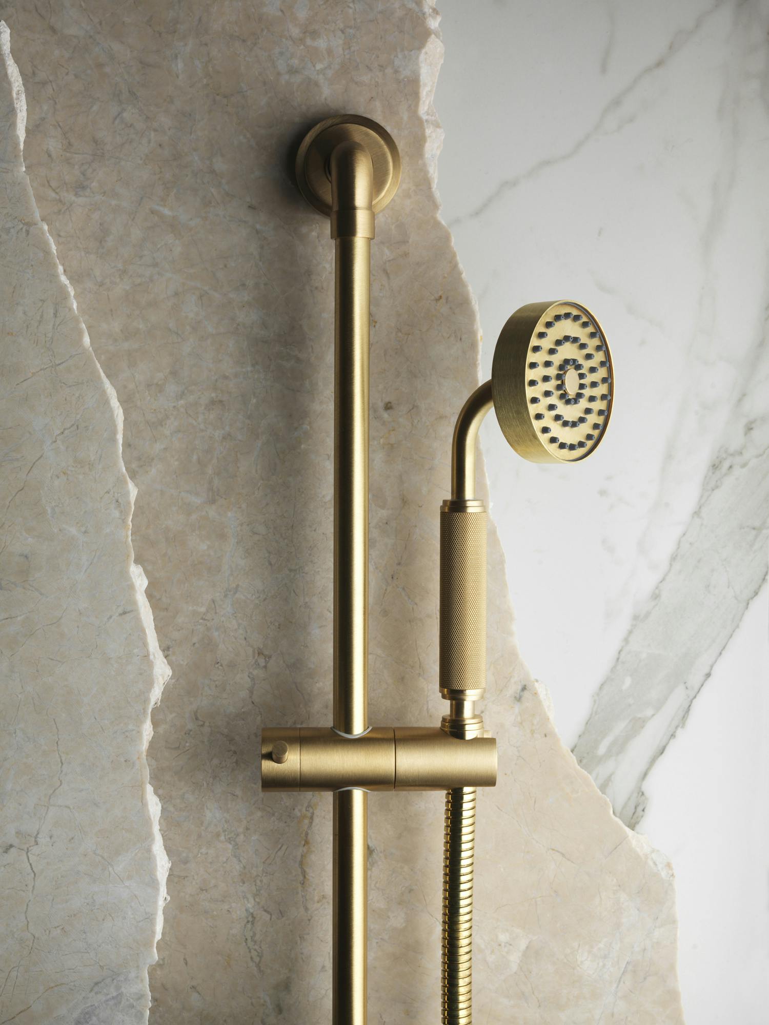 Samuel Heath LMK Industrial Bauhaus inspired shower in a natural urban brass finish.