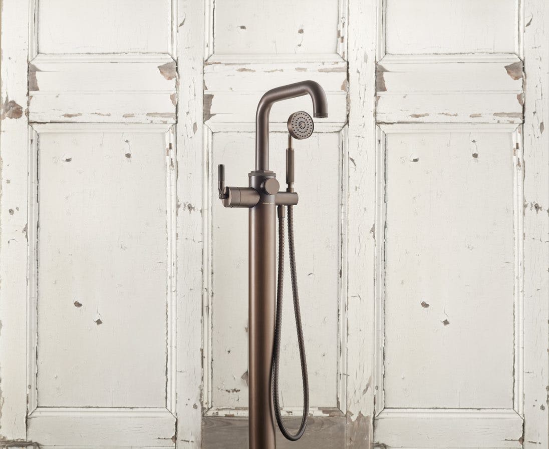 Samuel Heath Landmark Industrial bath and shower mixer tap in a City Bronze finish