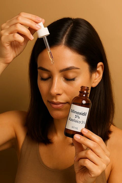 Mujer aplicando minoxidil