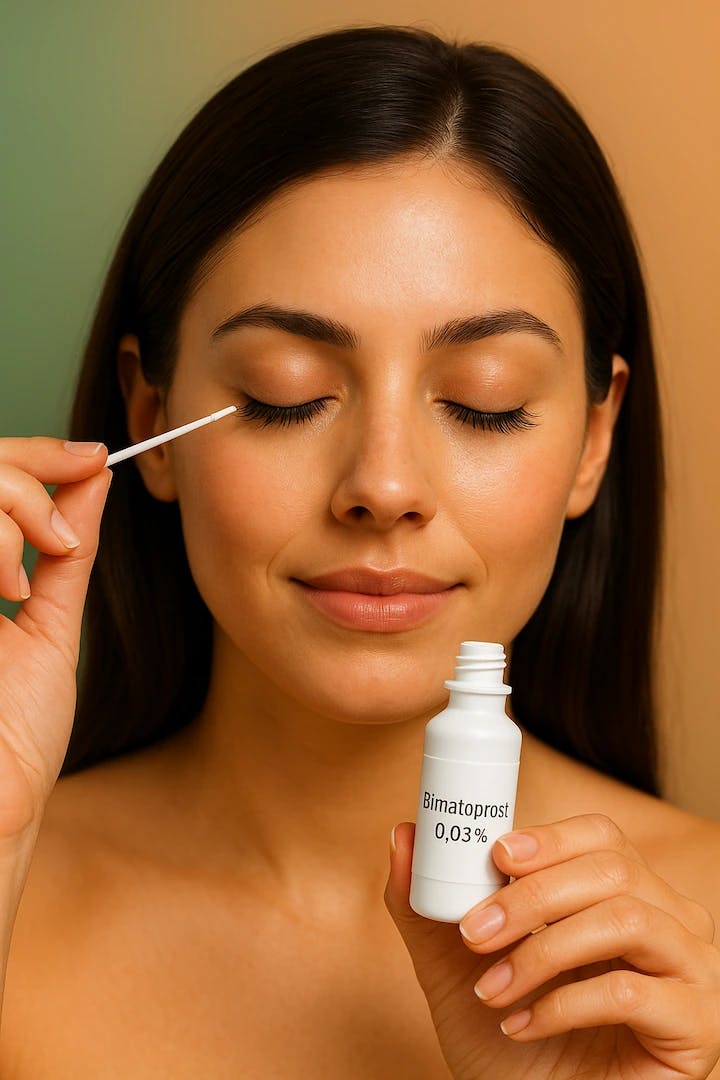 Mujer aplicando bimatoprost