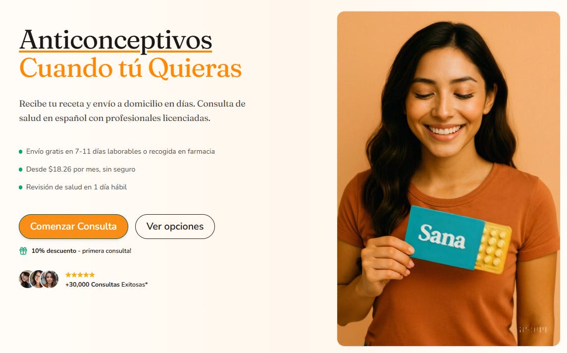 Captura de pantalla de la pagina de anticonceptivos de Sana Mujer