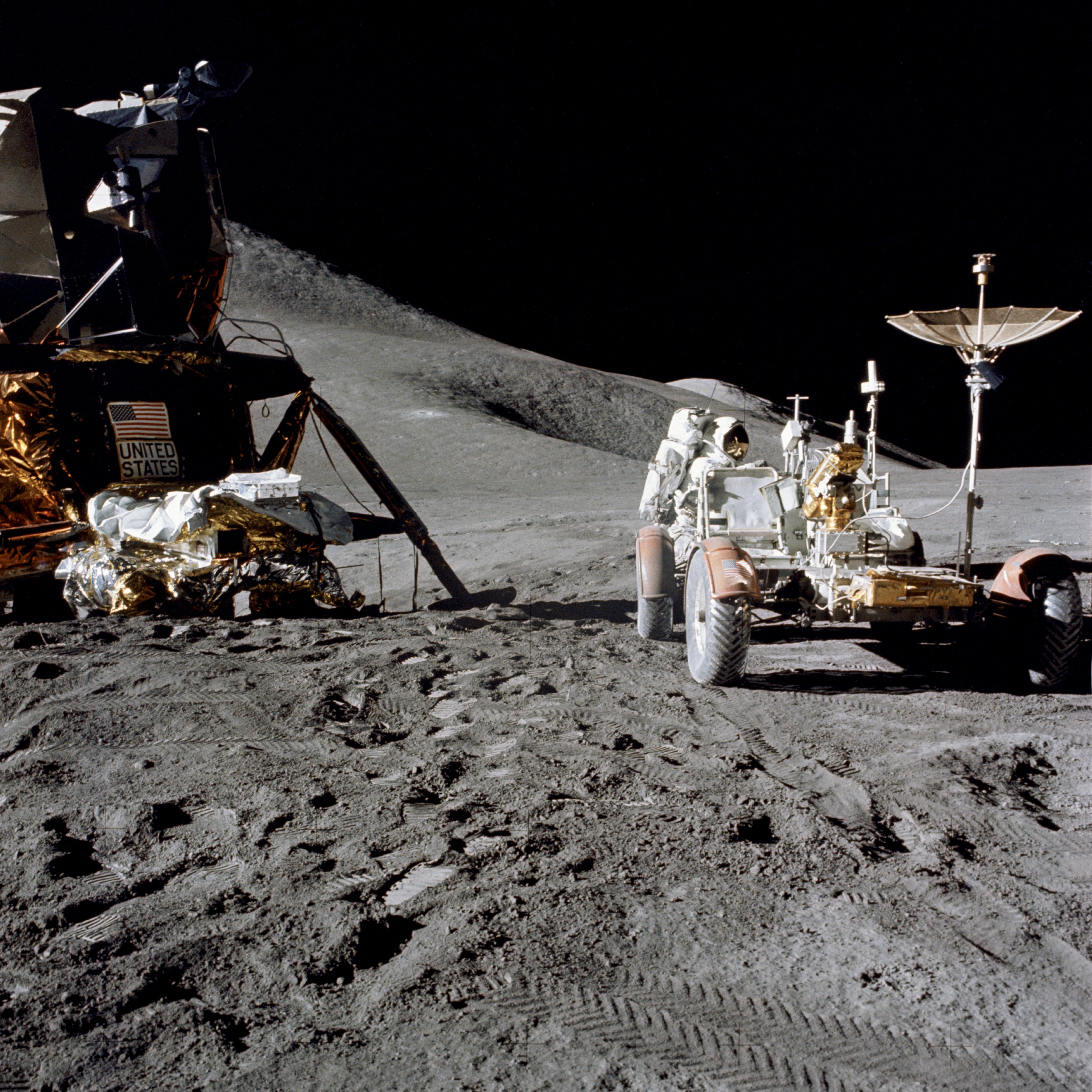 Astronaut James Irwin works at Lunar Roving Vehicle during Apollo 15 EVA ©NASA