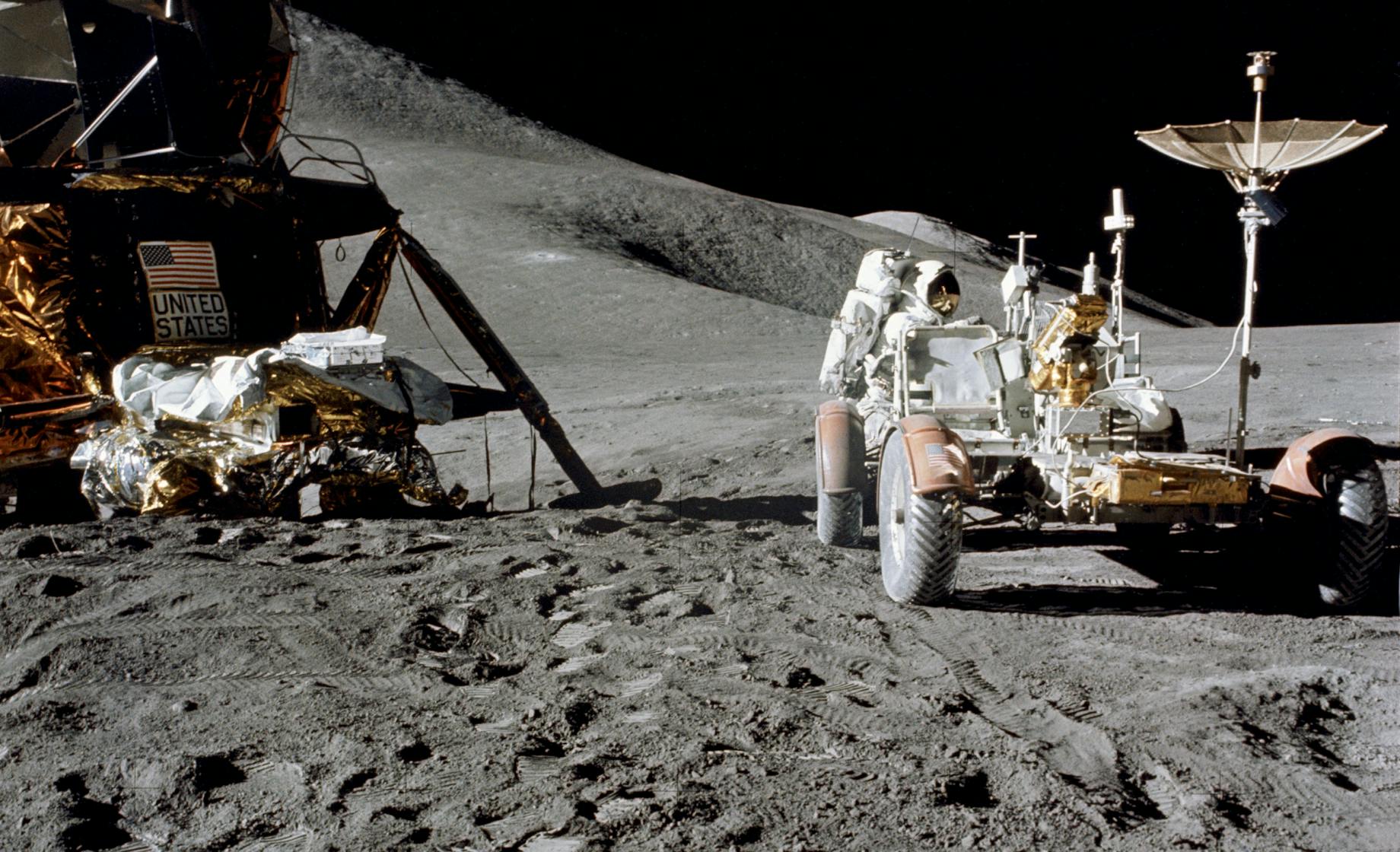 Astronaut James Irwin works at Lunar Roving Vehicle during Apollo 15 EVA ©NASA