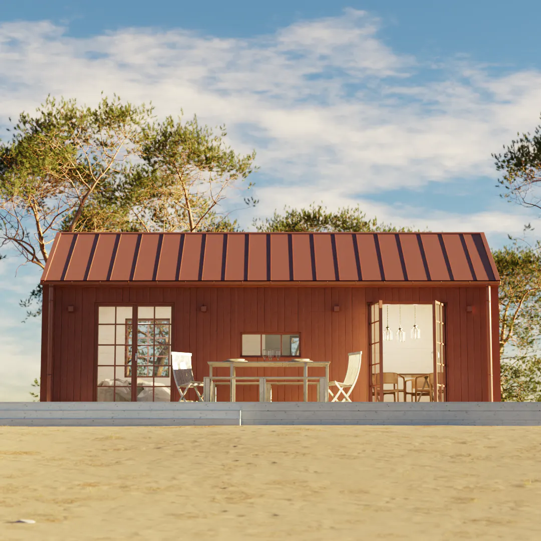 Vivesholm attefallshus faluröd fasad